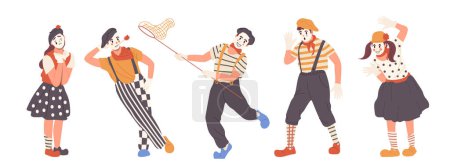 Illustration for Set of cartoon man and woman mimes or clowns people character in traditional costume and hat beret with cute face mask makeup in mimic pose showing emotions and funny performance, vector illustration - Royalty Free Image