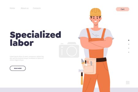 Illustration for Specialized labor landing page design template. Portrait of friendly smiling repairman character with tools belt wearing overalls and hardhat helmet. Professional service website vector illustration - Royalty Free Image