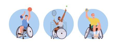 Composición redonda con personajes de personajes de dibujos animados sentados en silla de ruedas jugando a diferentes juegos deportivos. Hombre mujer deportista con necesidades especiales disfrutando de estilo de vida activo vector ilustración