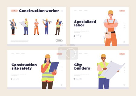 Illustration for Set of landing page for online service offering safety specialized labor of professional construction worker and city architect builder. Website for industrial company enterprise vector illustration - Royalty Free Image