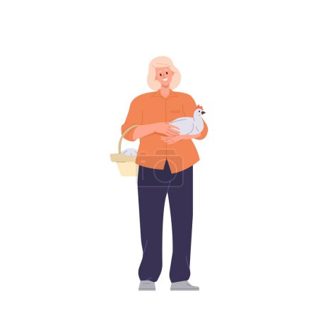 Ilustración de Mujer adulta agricultora llevando pollo y canasta de mimbre con huevos aislados sobre fondo blanco. Agricultura y cría de aves de corral para la producción de nutrición orgánica saludable natural vector ilustración - Imagen libre de derechos