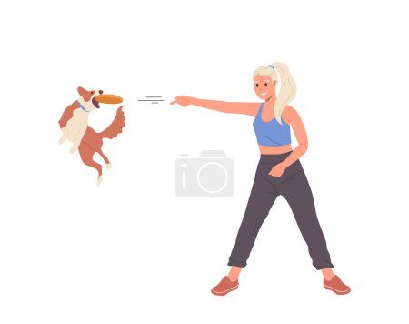 Young woman cartoon pet owner character training dog playing with frisbee plate learning fetch bring command vector illustration isolated on white background. Girl and overjoyed domestic animal