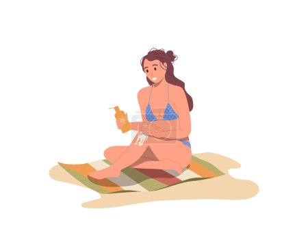 Young beauty woman cartoon tourist character in swimsuit applying sunscreen on legs to protect skin from harmful sun uf rays while rest on sand beach, vector illustration isolated on white background