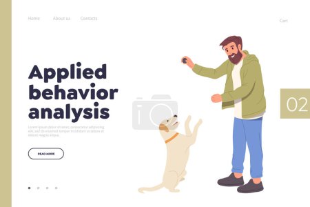 Illustration for Applied behavior analysis concept for landing page promoting dog training club service online. Flat cartoon man pet owner or instructor teaching command, improving skills, giving tasks to puppy - Royalty Free Image
