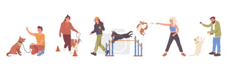 Illustration for Set of happy people pet owners characters teaching, playing and walking adorable dogs. Vector illustration of man and woman training puppies different command, overcome obstacles and jumping for stick - Royalty Free Image