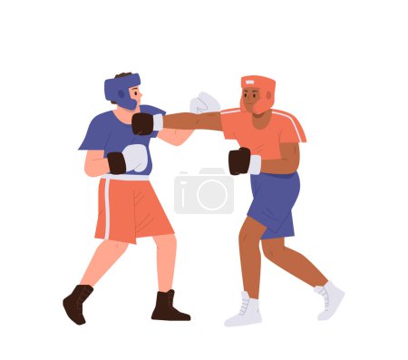 Ilustración de Hombre de boxeo en guantes y casco protector con compañero de combate. Dos personajes masculinos que luchan entre sí durante el entrenamiento en el club de gimnasia deportiva o la ilustración de vectores de competición de batalla - Imagen libre de derechos