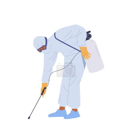 Illustration for Isolated man sterilizing service worker cartoon character in white suit using spray gun equipment vector illustration. Prevention against dangerous parasite, pests, termites, insects, rat, coronavirus - Royalty Free Image