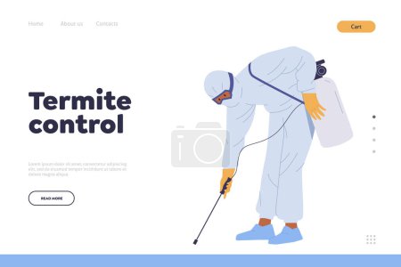 Illustration for Termite control landing page design template for online service providing sanitary domestic disinfection. Cartoon man character in uniform using fumigation equipment performing chemical treatment - Royalty Free Image