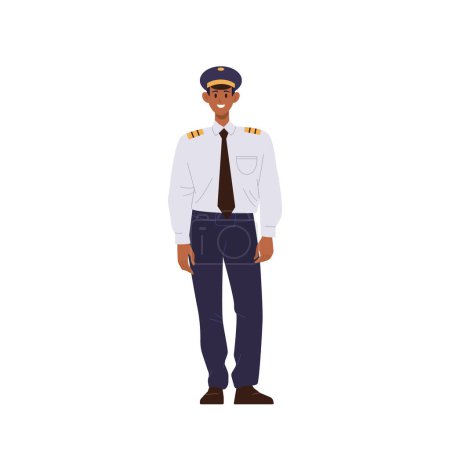 Ilustración de Hombre piloto en uniforme, profesión de aviador, personaje de dibujos animados del personal del avión de pie sobre fondo blanco aislado. Ilustración vectorial del capitán del avión bienvenido a viajar en avión internacional - Imagen libre de derechos