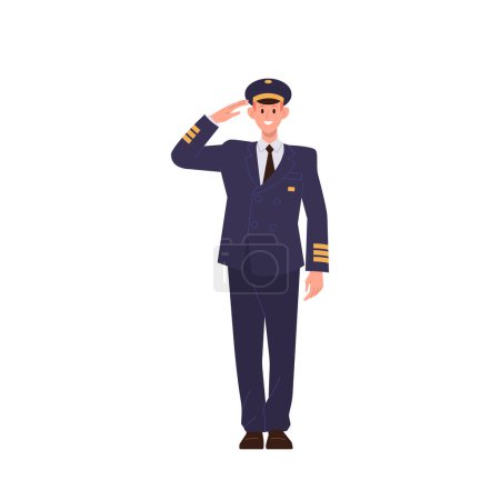 Ilustración de Comandante piloto profesional personal del avión de pasajeros con gesto de saludo en uniforme de pie aislado sobre fondo blanco. Ilustración vectorial del servicio de pasajeros de personajes de dibujos animados de tripulación de avión - Imagen libre de derechos
