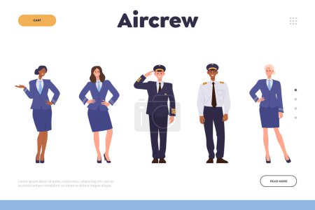 Illustration for Aircrew landing page design template. Professional airplane team characters wearing uniform cartoon board captain, pilot, air hostess welcoming passengers vector illustration. Aircraft company website - Royalty Free Image