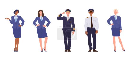 Illustration pour Ensemble de personnages de l'équipage de l'aéronef, du personnel navigant et des membres de l'équipe aérienne isolés sur fond blanc. Illustration vectorielle du pilote de dessin animé capitaine, hôtesses de l'air ou hôtesses de l'air portant l'uniforme - image libre de droit