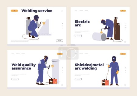 Illustration for Landing page template set advertising professional welding service of qualified welder worker. Repair, engineering and building workshop website. Industrial work with modern weld equipment promotion - Royalty Free Image