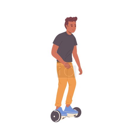 Illustration for Handsome smiling man cartoon character riding self-balancing hoverboard scooter isolated on white. Vector illustration of male person enjoying active lifestyle and extreme gyroscooter driving - Royalty Free Image