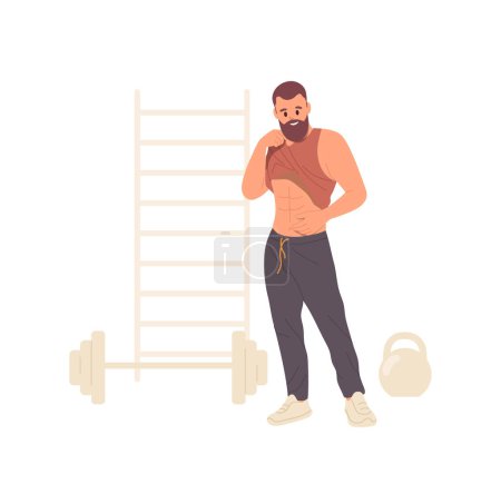Ilustración de Deportivo hipster hombre personaje presumiendo de su fuerte músculo abdominales después de ejercicio físico en el gimnasio con pesas y barras vector ilustración aislado sobre fondo blanco. Mantener el concepto - Imagen libre de derechos