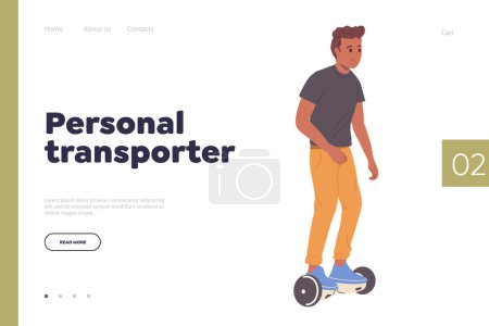 Illustration for Landing page design template advertising personal transporter self balancing scooter hoverboard as alternative urban street transportation. Cartoon man character riding two wheeled electric vehicle - Royalty Free Image