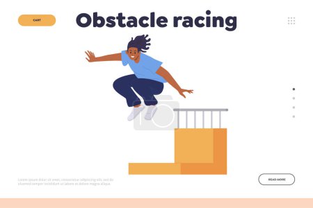 Illustration for Obstacle racing landing page template. Website for online service providing parkour free running training. Happy teenager male character doing stunt elements on city street enjoying outdoor activity - Royalty Free Image