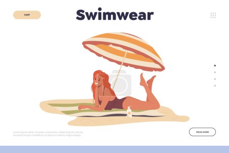 Illustration for Swimwear landing page design template with cartoon smiling girl wearing swimsuit summer clothes sunbathing on beach under umbrella vector illustration. Website for online shop store or travel agency - Royalty Free Image