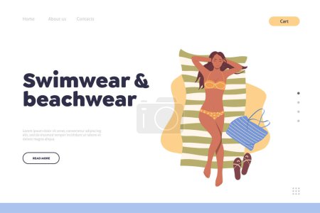 Illustration for Swimwear and beachwear landing page design template for online shop store offering summer clothes. Website service vector illustration for underwear bodysuits beach apparel sale with discount - Royalty Free Image