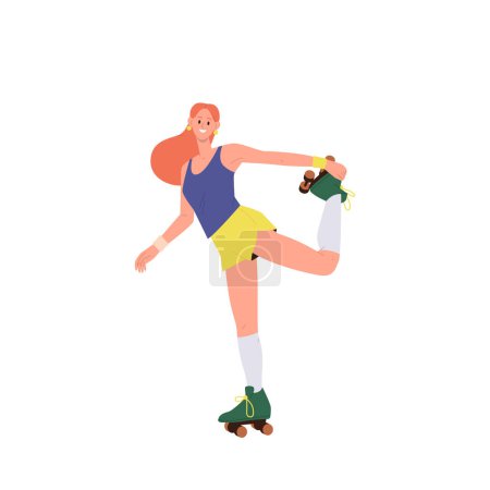 Illustration for Young teenager woman cartoon character roller skating enjoying summer extreme sport activity outdoors isolated on white background. Teen female riding rollerblades on one leg vector illustration - Royalty Free Image