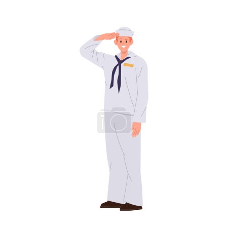 Illustration for Young male skipper, cabin boy or steward nautical crew member cartoon character isolated on white background. Smiling happily professional boatswain wearing marine uniform saluting vector illustration - Royalty Free Image