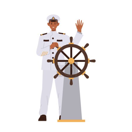Illustration for Smiling captain male character wearing marine uniform waving hand standing at ship steering wheel isolated on white background. Vector illustration of seaman in work costume wishing bon voyage - Royalty Free Image