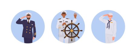 Illustration for Ship crew isolated set of round composition with happy admiral, captain, seafarer steward seaman character. Vector illustration of nautical professional team for sea cruise liner or marine yacht - Royalty Free Image