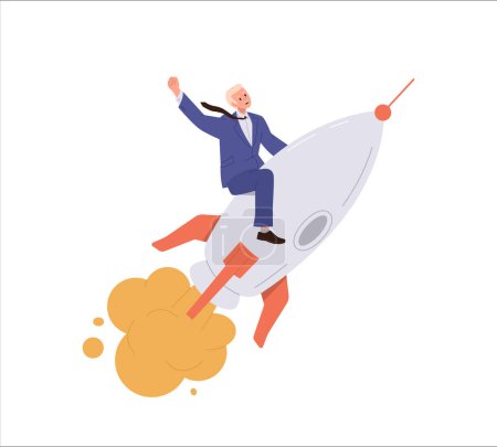 Successful businessman character flying on rocket forward to goal and new opportunities vector illustration isolated on white background. Career growth, business project launching and advancement