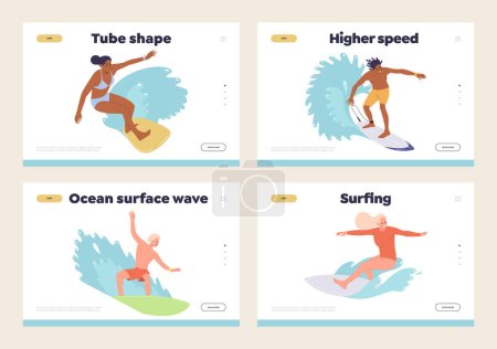 Isolierte Landing-Page-Vorlage mit glücklichen Touristen, die das sommerliche Surfen genießen. Surfschule, Marinetrainingskurs oder Sportverein für aktive Reisende