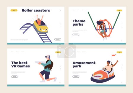 Illustration for Isolated set of landing page template advertising amusement part attraction and entertainments, VR videogames. Website interface design with happy people having fun, active and extreme leisure pastime - Royalty Free Image