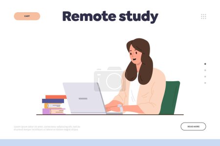 Remote study landing page design template advertising online courses, elearning program for young people. Happy woman student using laptop computer for enjoying distant education vector illustration