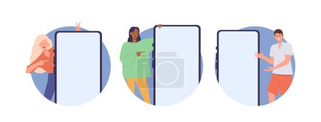 Illustration for Isolated round icon composition set with happy people presenters pointing at white screen of huge phone. Smiling man and woman character showing new digital product, application or sale discount - Royalty Free Image