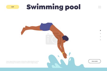 Illustration for Swimming pool landing page design template. Cartoon male swimmer character training or rest jumping to water. Website advertising online service for booking ticket or tour trip on vacation weekends - Royalty Free Image