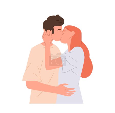 Illustration for Happy loving young couple kissing and hugging with passion standing together isolated on white background. Vector illustration girlfriend and boyfriend characters embracing feeling adoration - Royalty Free Image