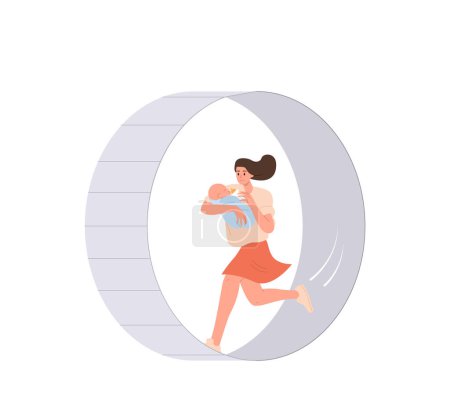 Illustration for Busy young mom cartoon character with newborn baby running fast trapped in speed rat race isolated on white background. Tired mother suffering from toxic everyday routine vector illustration - Royalty Free Image