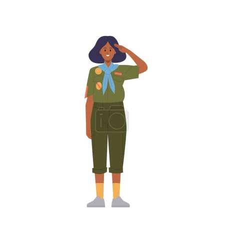 Illustration for Young girlscout cartoon character wearing uniform saluting showing greeting and welcoming gesture standing isolated on white background. Vector illustration of cheerful female schoolchild scouting - Royalty Free Image