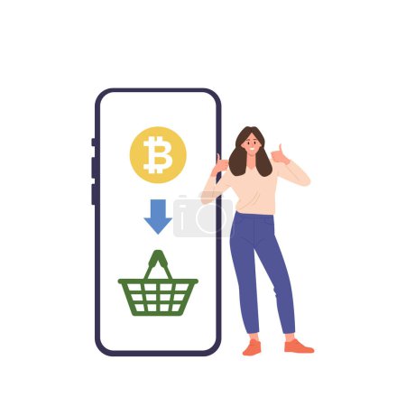 Illustration for Happy satisfied woman cartoon customer character using cryptocurrency ewallet mobile application for online shopping payment vector illustration isolated on white background. Virtual internet purchase - Royalty Free Image