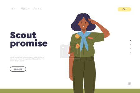 Illustration for Scout promise concept for educational online service landing page design. Website template with happy with happy girlscout wearing uniform saluting greeting newcomers inviting followers to junior club - Royalty Free Image