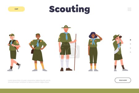 Scouting Landing Page Design Template für den Online-Sommerclub, die Schule oder das Outdoor-Training. Website-Vektorillustration mit fröhlich aufgeregten Schülern und Lehrern, die die Natur erkunden