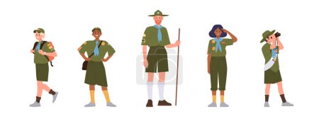 Junge Erwachsene scouten Comicfiguren in Uniform isoliert vor weißem Hintergrund. Kinder und Lehrer bereit für Outdoor-Abenteuer und Naturerkundung im Sommerlager