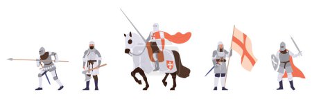 Ilustración de Conjunto aislado de personajes de dibujos animados caballeros armados medievales en armadura de acero con arma y escudo de espada, bandera y a caballo sobre fondo blanco. Antiguos combatientes militares y defensores vector ilustración - Imagen libre de derechos