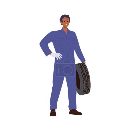 Illustration for Male auto mechanic cartoon character wearing uniform holding car tire standing and smiling vector illustration isolated on white background. Serviceman professional automotive garage workshop worker - Royalty Free Image