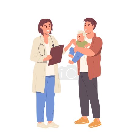 Illustration for Young father carrying newborn baby visiting doctor pediatrician vector illustration isolated on white background. Therapist giving consultation and recommendations on scheduled checkup appointment - Royalty Free Image