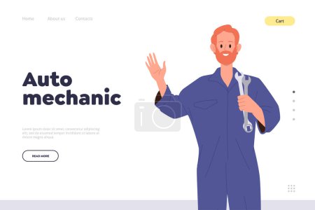 Illustration for Auto mechanic professional staff at repair service garage worker advertising landing page template. Website vector illustration promoting skilled automotive technician work at car diagnostic center - Royalty Free Image