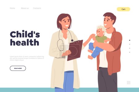 Online service landing page website template providing professional child health support. Web banner advertising pediatric department of hospital clinic. Happy parent with child and doctor design