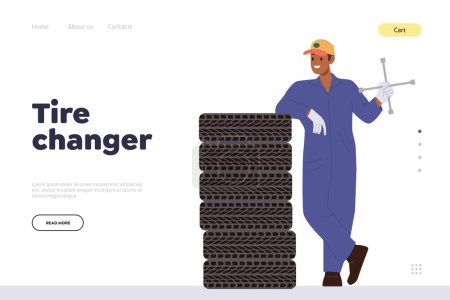 Illustration for Tire changer professional online service landing page with male auto mechanic specialist character cartoon design. Website template providing garage car repair and wheel replacement occupation - Royalty Free Image