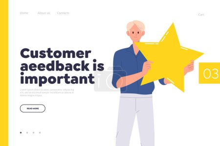 Illustration for Customer feedback is important concept. Landing page design website template with satisfied male client character giving high ranking huge golden star, excellent review and good recommendation - Royalty Free Image