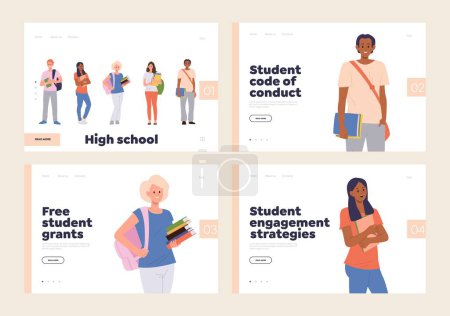 Illustration for Isolated landing page set for online education service offering different program for students. Website vector illustration with happy male and female character design. Concept of study and learning - Royalty Free Image