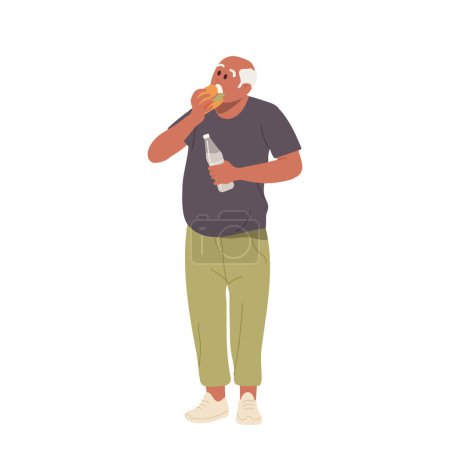 Ilustración de Constante sensación de hambre sobrepeso hombre adulto personaje comer hamburguesa comida rápida beber soda aislado en blanco. Ilustración vectorial del paciente adulto mayor con hambre y síntoma de enfermedad diabética - Imagen libre de derechos