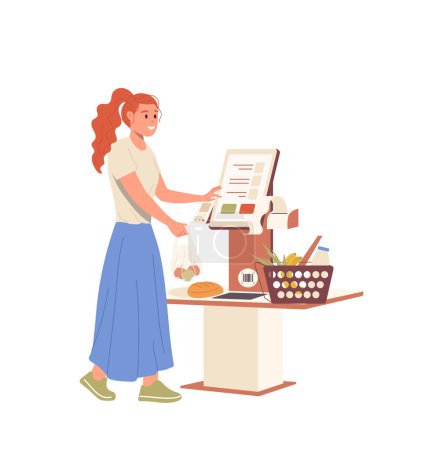 Ilustración de Mujer que utiliza terminal de autoservicio máquina de pago sin contacto compra de comestibles en ilustración de vectores de supermercados aislados sobre fondo blanco. Tecnología de pedidos y pagos de automatización digital - Imagen libre de derechos